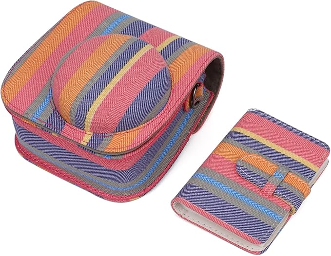 Frankmate Instant Camera Case Compatible with Fujifilm Instax Mini 11/9/8/8+ Canvas Bag with Pocket and Adjustable Shoulder Strap Mini Wallet Album (Stripe)