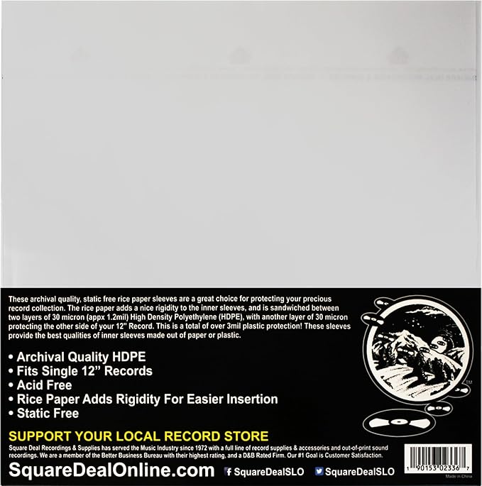 (100) 12 Inch Record Inner Sleeves - 3-Layers of Archival Quality, Anti-Static HDPE with Rice Paper Enclosed Insert for Extra Rigidity #12IM