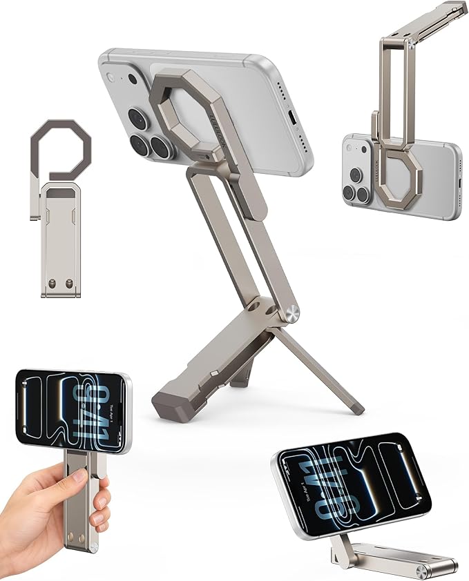 LULULOOK Rugged Magnetic Phone Tripod Stand for iPhone/Pixel 10 - Portable Strong Magnetic Phone Holder for Magsafe - Tripod Mount for iPhone 13/14/15/16/17 Pro Max & Air (Titanium)
