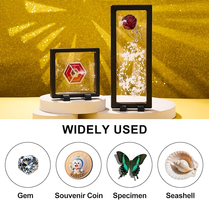 3PCS 3D Transparent Floating Frame with Stand, Challenge Coin Display Holder, Floating Display Case for Jewelry, Medals, Specimens, Small Items, Fossils Rocks,9.1 x 3.5 inch