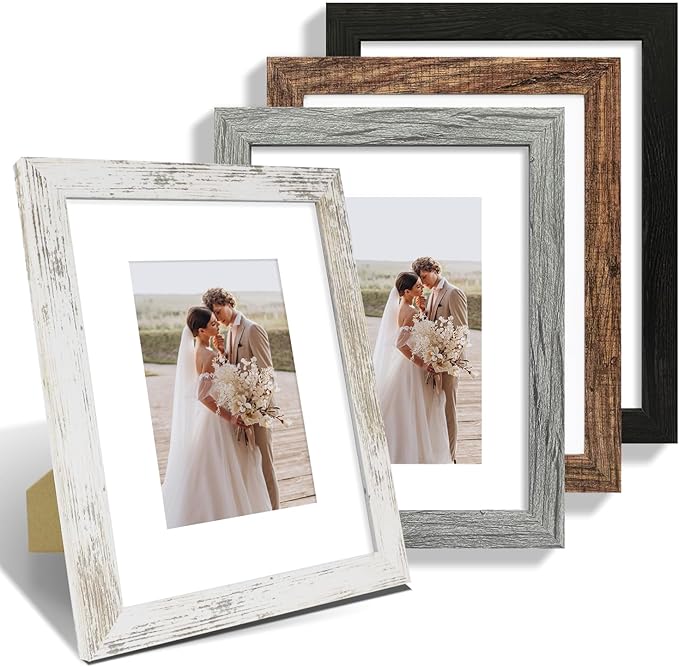 8x10 Picture Frame Set of 4, Made of Real Glass and Multicolour Wooden Frame, 8 by 10 Photo for Wall or Tabletop - Display Picture 5x7 with Mat or 8x10 Without Mat