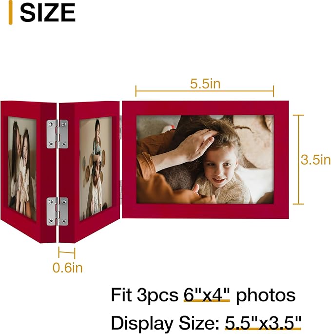 decorUhome Triple 6x4 Picture Frame Horizontal, Engineered Wood Trifold Photo Frame with Plexiglass for Tabletop Display, 6x4, Red