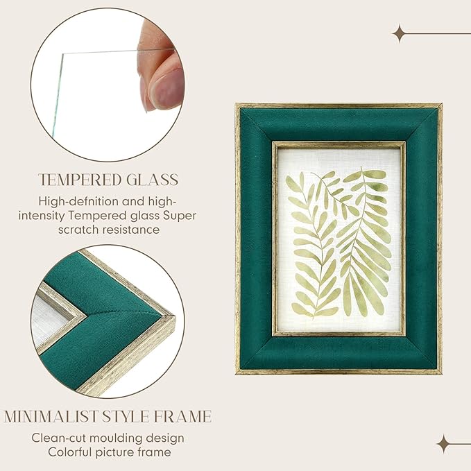Kathfly 1 Pcs Green Velvet Picture Frame 4 x 6 Inch Vintage Photo Frame with Gold Metal Edge Horizontal & Vertical Mount for Poster Artwork Puzzles Tabletop Wall Display Christmas Home Office Decor