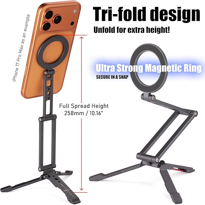 Ultra-Compact Magnetic Tripod Stand: Aluminum Phone Mount for iPhone 17/16/15/14/13/12 Pro Max, Adjustable Cellphone Holder with 1/4” Screw & Travel Hook (Grey)