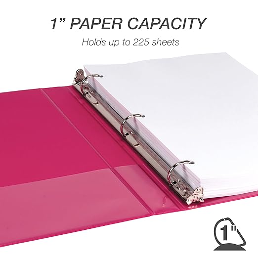 Samsill Durable 1 Inch Binder, Made in The USA, D Ring Binder, Customizable Clear View Cover, Magenta, Holds 225 Pages