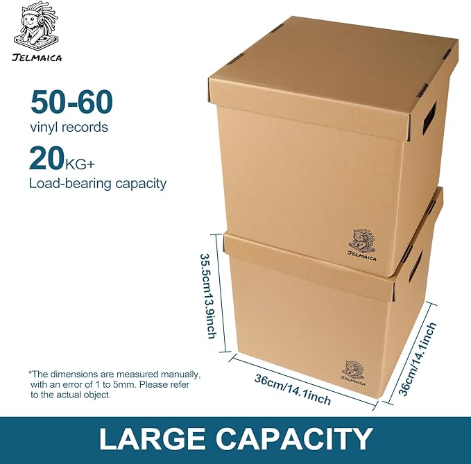 Jelmaica 12" Vinyl Record Storage and Moving Box - Sturdy Cardboard with Removable Lid - Holds up to 60 Records or Laser Discs - Set of 2 Boxes (2) (2)