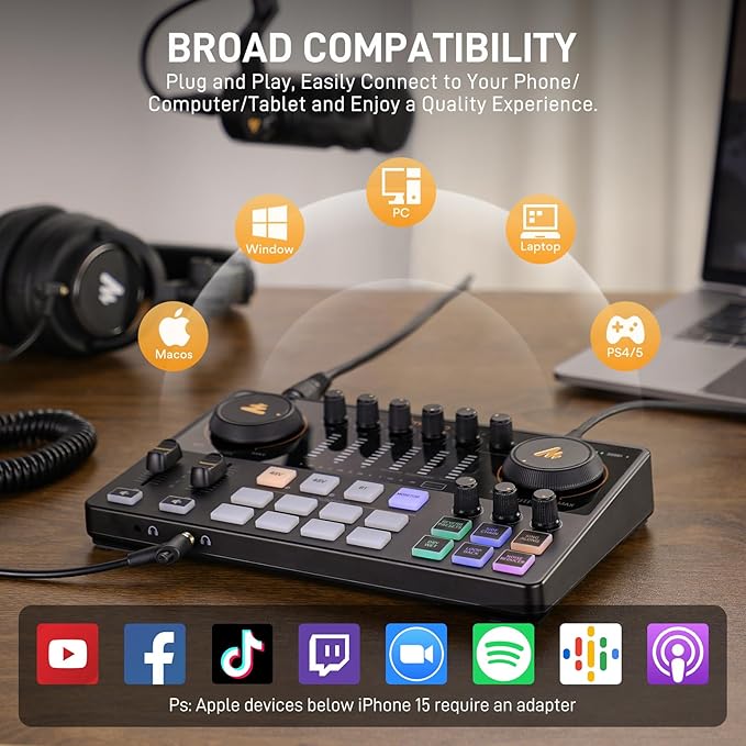 MAONO Podcast Equipment Bundle for 2: Audio Interface Mixer with 2 XLR Condenser Mic and 2 Headphone Podcast Streaming MaonoCaster E2 Gen2+2*PM320T+2*MH700