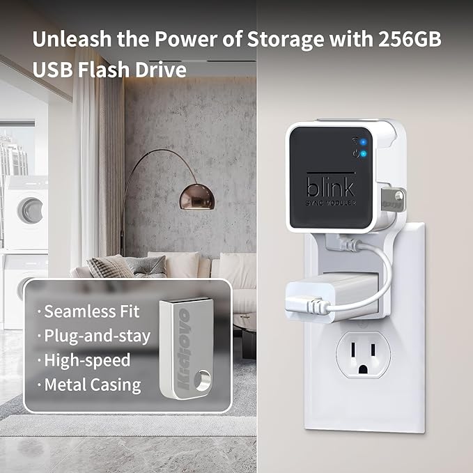 256GB Blink USB Flash Drive & Wall Mount for Blink Sync Module 2 with Short Cable - Save Space - No Messy Wires - Easy Move Mount Bracket Holder for Blink Outdoor Indoor Security Camera (1 Pack)