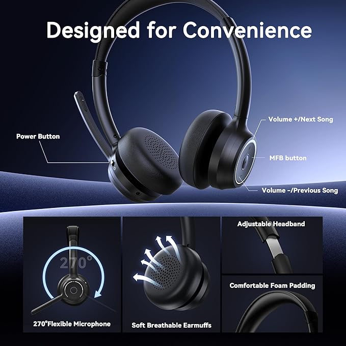 (2026 Upgraded) Wireless Headset with Mic for Work, Bluetooth Headset with Noise Canceling Microphone, Wireless Headphones with Mic and USB Dongle and Mute, Fit for Computer/PC/Teams