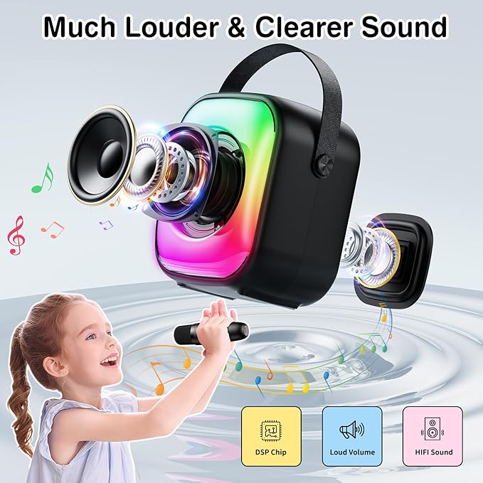 Mini Karaoke Machine with Two Wireless Microphones, Portable Bluetooth Speaker for Adults and Kids, Karaoke Microphone with LED, Speaker Supports for TF Card/USB, AUX in (Black)