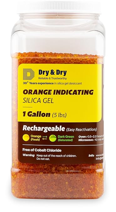 Dry & Dry [5 LBS] Premium Orange Indicating Silica Gel Desiccant Beads(Industry Standard 3-5 mm) - Rechargeable Silica Gel Beads(5 LBS)