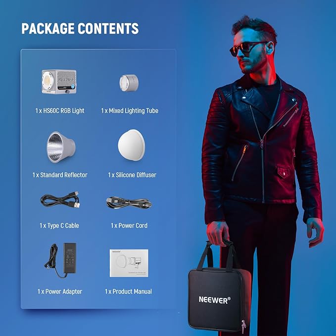 NEEWER 60W Portable RGB LED Video Light Handheld Fill Light, APP/2.4G/Panel Control 18 Scenes 8700Lux/1m 2700-6500K CRI97+ Dimmable COB Continuous Output Lighting for Video Recording Streaming, HS60C