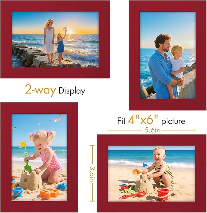 Vittanly 4x6 Picture Frame, Made of Solid Wood and Shatterproof Plexiglass, Wooden Photo Frame for Wall Mounting or Tabletop Display, Picture Frame for Home Decor with Stand, Red, 1 Pack