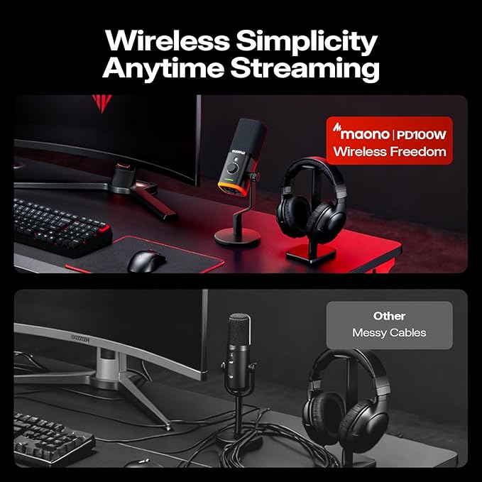 MAONO PD100WS Wireless Gaming Microphone for PC, Dynamic Streaming USB Mic with 3 Level Noise Cancelling,RGB,Mute Button, Software EQ,Computer Boom Mic for Podcast, Vocal Recording, Black