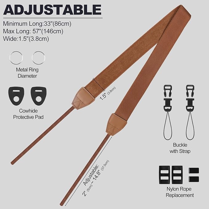 Universal Camera Strap - Camera Neck Strap, Adjustable Shoulder Straps Compatible with Canon, Fujifilm, Nikon, Olympus, Panasonic and other SLR and mirrorless cameras - Brown