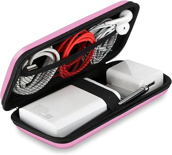 iMangoo Travel Essentials Electronics Organizer Charger Case Portable Dual Zipper Shockproof Pouch Tech Purse Cord Cable Pouches Power Bank Storage Accessories Bag for Women Men,6.5x3.2x1 Pink
