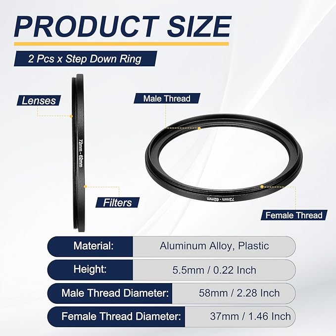 PATIKIL Step Down Ring Adapter 72mm to 62mm, 2 Pcs Filter Step-Down Rings Camera Lens Filters Metal Ring Digital for ND IR DSLR Lenses, Black