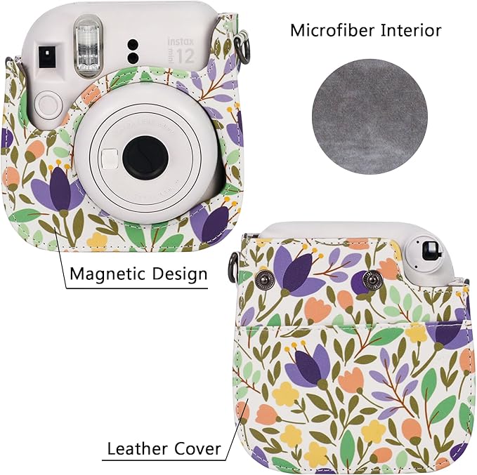 Frankmate Protective Case Fit for Fujifilm Instax Mini 12 11 9 8 Camera, PU Leather Camera Bag with Pocket and Adjustable Shoulder Strap (Flowers Green)
