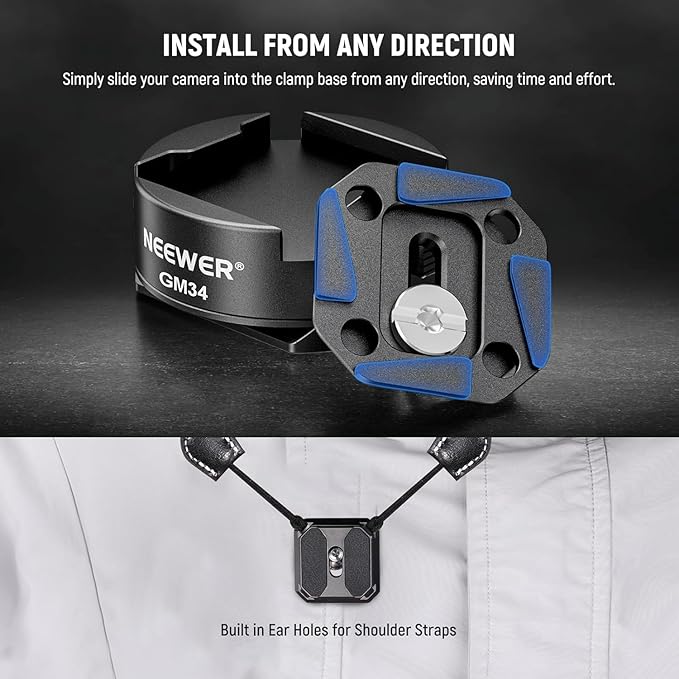 NEEWER GM34 Camera Quick Release Plate Kit, Quick Switch Auto Lock Square QR Mount Plate with Arca Type Clamp Base, Compatible with Arca Swiss Camera Clip, Max Load 11lb/5kg
