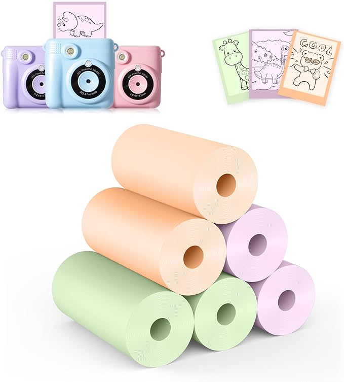 6 Rolls Kids Camera Instant Print Refill Paper Set, Phetium HD Printing Thermal Paper for Most Kids Instant Camera Photo Print(2*Purple,2*Green,2*Orange)