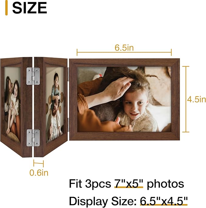 decorUhome Triple 7x5 Picture Frame Horizontal, Engineered Wood Trifold Photo Frame with Plexiglass for Tabletop Display, 7x5, Brown