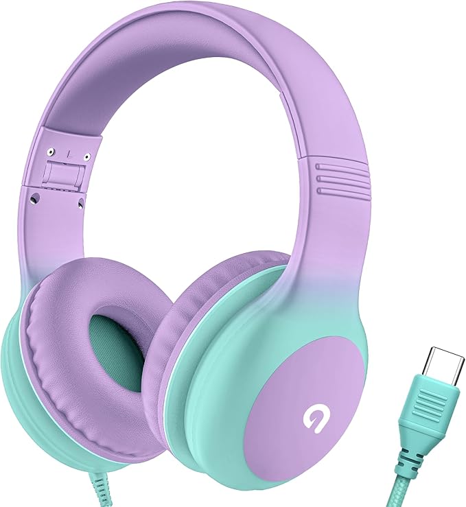 Wired Kids Headphones with USB C Plug, 85dB Safe Volume, Adjustable Headband, Tangle-Free Cord Headphones for School, Tablet, Travel (Lavender & Mint Green, Without Microphone)