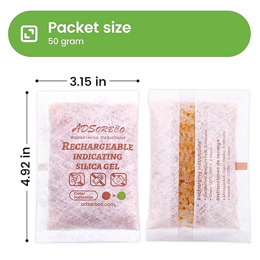 ADSorbco 50 Gram (8 Pack) Silica Gel Packets – Desiccant Packs for Storage, Reusable Moisture Absorbers with Color Change, Orange to Green, for Food, Electronics, Jewelry, Safes