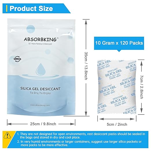 Silica Gel Packets - 10 Gram 120 Packs Moisture Absorbers, Food Grade Desiccant Packs for Storage, Premium Color Indicating Desiccant Packs for Storage, Widely Used for Foods, Electronics, Jewelry