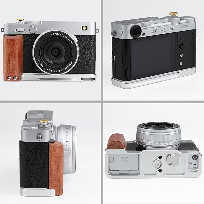Haoge X-E5 L-Shape Grip for Fujifilm XE-5 Camera - Retro Grip Wooden Side Handle with Arca-Swiss Quick Release Plate-Silver, Extra Tripod 1/4 Hole & Hot Shoe Hole HG-XE5-W
