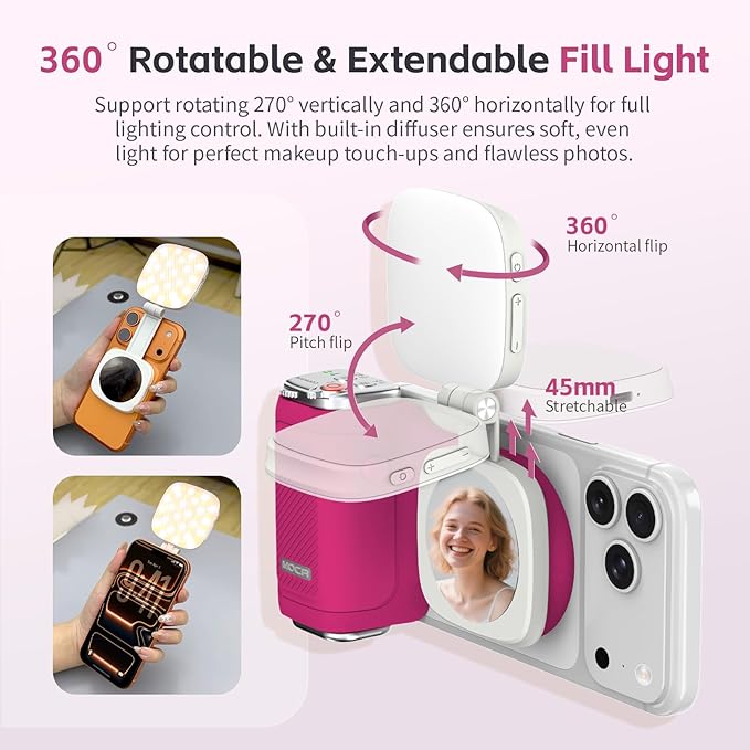 COMITOK iPhone Camera Grip MOCA with Magnet Fill Light & Mirror for 17 Pro iOS26 Native Camera, Fun Shot Magnetic Grip for Phone Compatible iOS17 and iOS18 with Anti-Drop Detachable Remote & Keychain