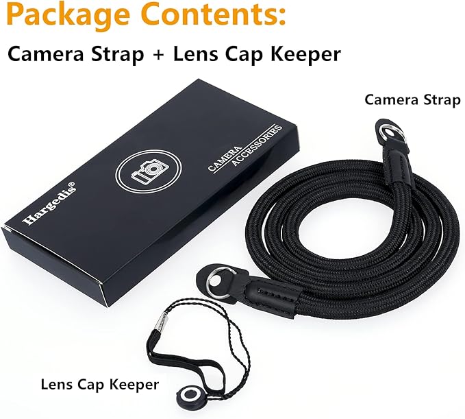 Camera Shoulder Strap - Climbing Rope Neck Strap for Mirrorless & DSLR Cameras, with Lens Cap Keeper (Black)