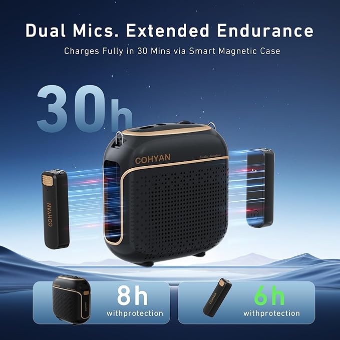 Wireless Voice Amplifier with 2 Magnetic Lavalier Mics, Charging &Storage,Teachers Voice Amplifier with Laple Mic Speaker,Mini Voice Amplifier for Classroom,Speech,Training Outdoor (Black)