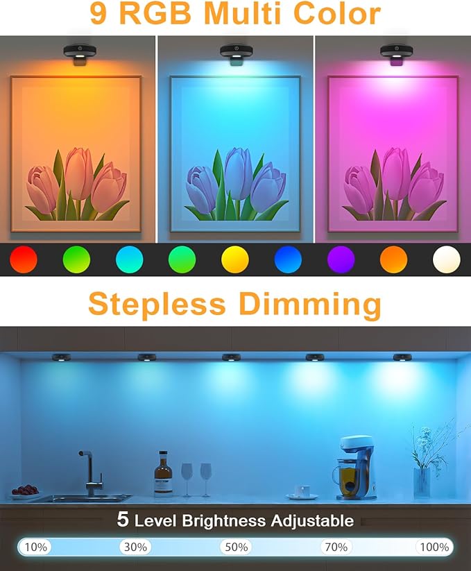 WILLED RGB Lights,Poster Lights,Battery Operated Rechargeable Picture Light,Puck Light with Remote,9 RGB Colors,Dimmable&Timer,Art Gallery Lighting,Display Lighting for Paintings Wireless