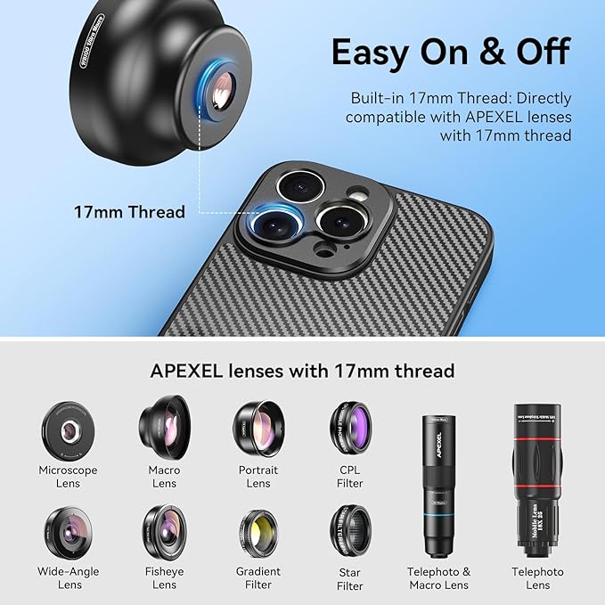 APEXEL 17MM Thread Lens Phone Case Compatible for iPhone 15 Pro Max, Compatible with All Telephoto Macro Lenses with 17mm Thread Black