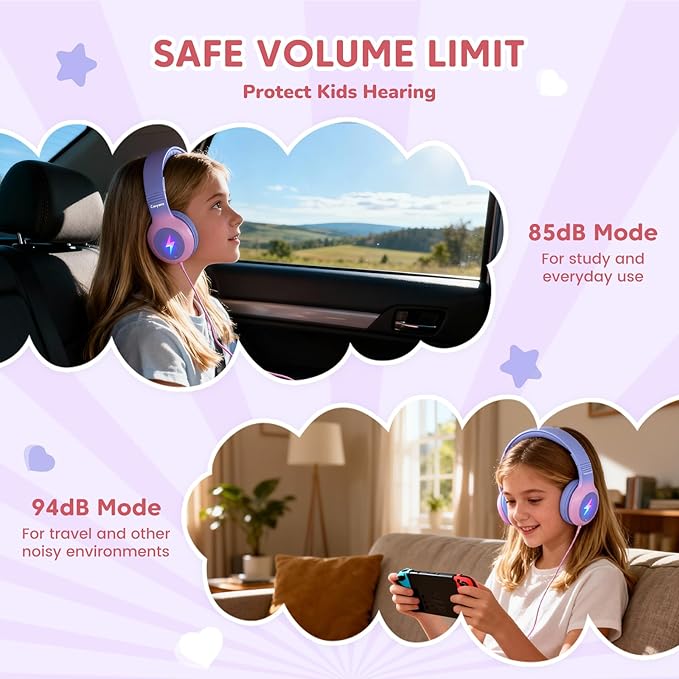 USB C Headphones Wired, Kid Headphones with LED Light, Over Ear USB-C Wired Headphone with Microphone, 85/94dB Volume Limit, USB Type C Headphone for Boys/Girls/School/Travel, Purple Gradient