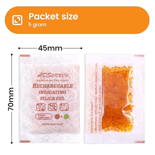 ADSorbco Silica Gel Packets-Desiccant Packs (5g, 50pack, Orange to Green), Desiccant Packs for Storage, Moisture Absorbers for Food Storage, Electronics, Jewelry, Safes