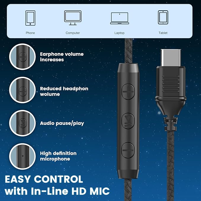 USB C Headphones Wired, Over Ear USB C Wired Headphones with Microphone, Volume Control, HD Stereo Sound, Foldable USB Type C Headphone for Adult/Teens/Laptop/Computer/iPhone 15/16/17, Black
