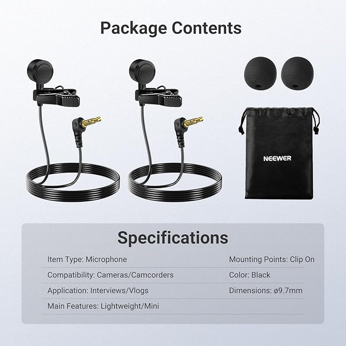NEEWER ø9.7mm Lavalier Microphone (2 Pack), 3.5mm TRS Clip On Lapel Wired Omnidirectional Condenser Lav Mic with 1.5m Cable & Windscreen for Video Recording, Vlogging, Filming, LM10