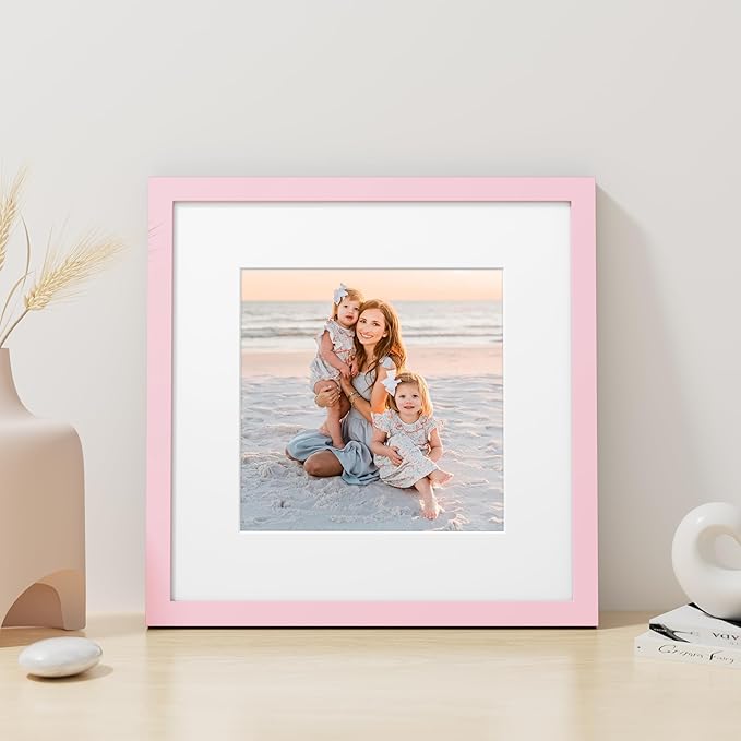 Vittanly 12x12 Picture Frame, Made of Solid Wood and Shatterproof Plexiglass, Display Pictures 8x8 with Mat or 12x12 without Mat, Wooden Photo Frame for Wall Mounting, Pink, 1 Pack
