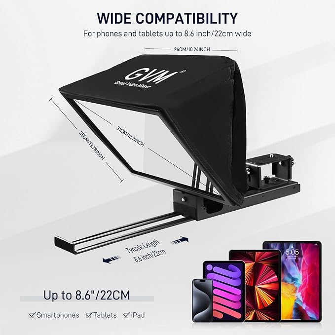 GVM 12" Teleprompter for iPad Tablet Phone DSLR Camera, Collapsible Teleprompter Kit with Installation Free Design, HD Refective Display, APP Remote Control, Carry Case, for Video Recording