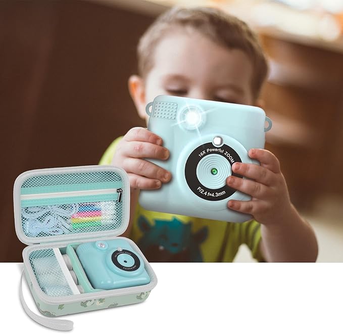 Case Compatible with ESOXOFFORE for Dylanto for Anchioo for WEEFUN for GKTZ for Amzelas for Mafiti Instant Print Camera for Kids, Film Camera Storage Holder Organizer Bag (Box Only)- Green Dinosaur
