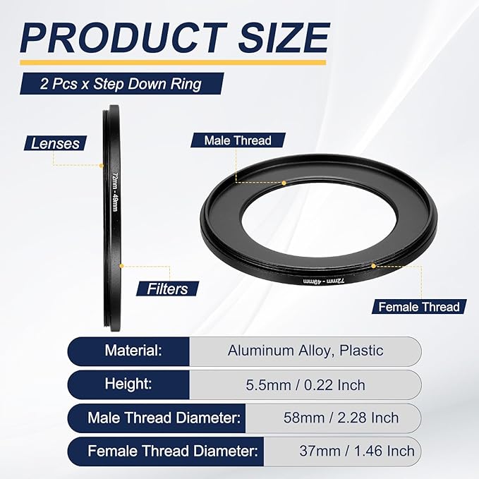 PATIKIL Step Down Ring Adapter 72mm to 49mm, 2 Pcs Filter Step-Down Rings Camera Lens Filters Metal Ring Digital for ND IR DSLR Lenses, Black