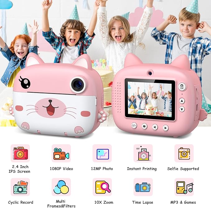 Kids Camera Instant Print, 3.0" HD Screen Kids Instant Cameras, Christmas Birthday Gifts for Girls Boys 3 4 5 6 7 8 9 10 Year Old, Portable Toddler Travel Toys with 32GB Card & 3 Rolls Printer Paper