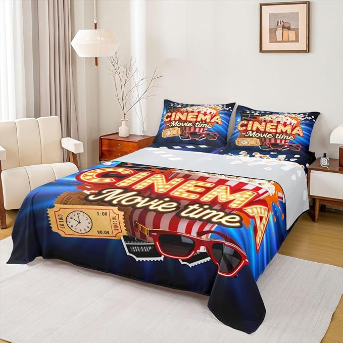 Erosebridal Movie Bed Sheets Set King Retro Theater Theme Sheet Set Vintage Cinema Ticket Clapboard Popcorn Print Sheets for Girls Family Home Theater Decor Fitted Sheet Movie Themed Flat Sheet