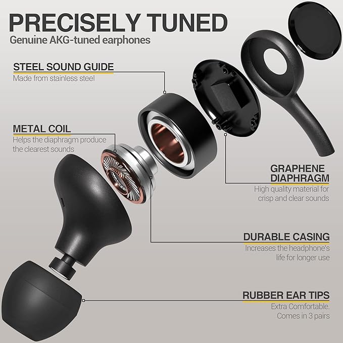 Type C Headphone Earbuds for Samsung Galaxy A53, S21, S22, S22 Ultra, S20 FE - Designed by AKG - Braided Cable with Microphone and Volume Remote USB-C Connector - Black