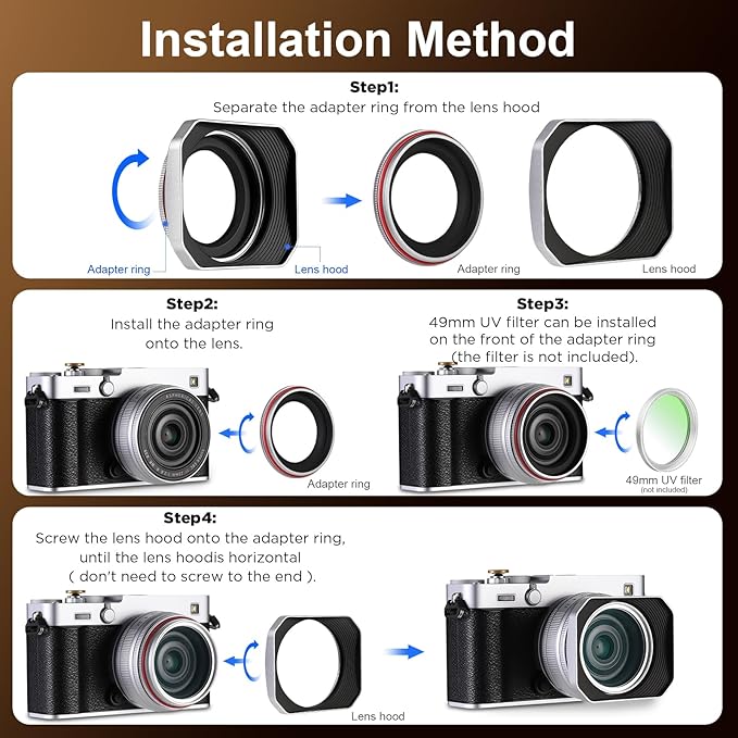 Haoge Squaret Metal Lens Hood for Fujifilm XF23mm F2.8 on XE5 Cemera Body kit & Fujinon XF27mmF2.8 R WR Lense,with Metal Cap,39mm Screw-in Hood Silver