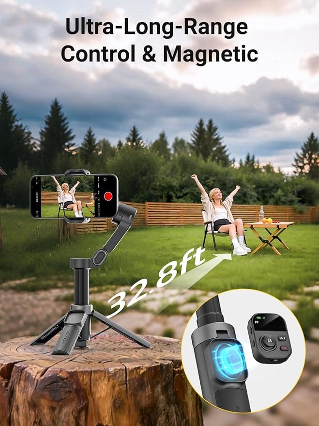 AOCHUAN 360° Pan Rotation Gimbal Stabilizer for iPhone, Magnetic Remote Control, 3-Axis Stabilizer w/Built-in Extension Rod & One-Touch Open Tripod, 3-in-1 Foldable Phone Gimbal for Vlogging, Travel