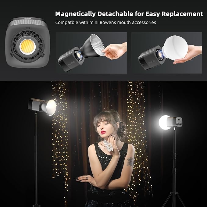 LUXCEO Portable LED Video Light 40W Metal Mini COB LED Bi-Color 2500K-6500K CRI≥95 TLCI≥97 Built-in 5000mAh Battery Photo Studio Light Handheld Spotlight Magnetic Attachable Reflector & Softbox