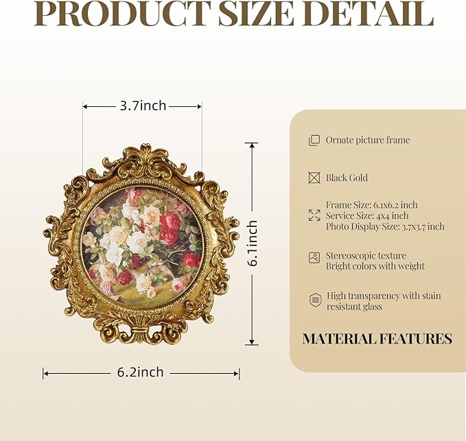 Cuspin Vintage Round Gold Picture Frame 4x4 Inch, Ornate Floral Resin Photo Frame with HD Glass, Antique Style Small Picture Frame for Tabletop or Wall Display, Retro Decorative Frame for Home Decor
