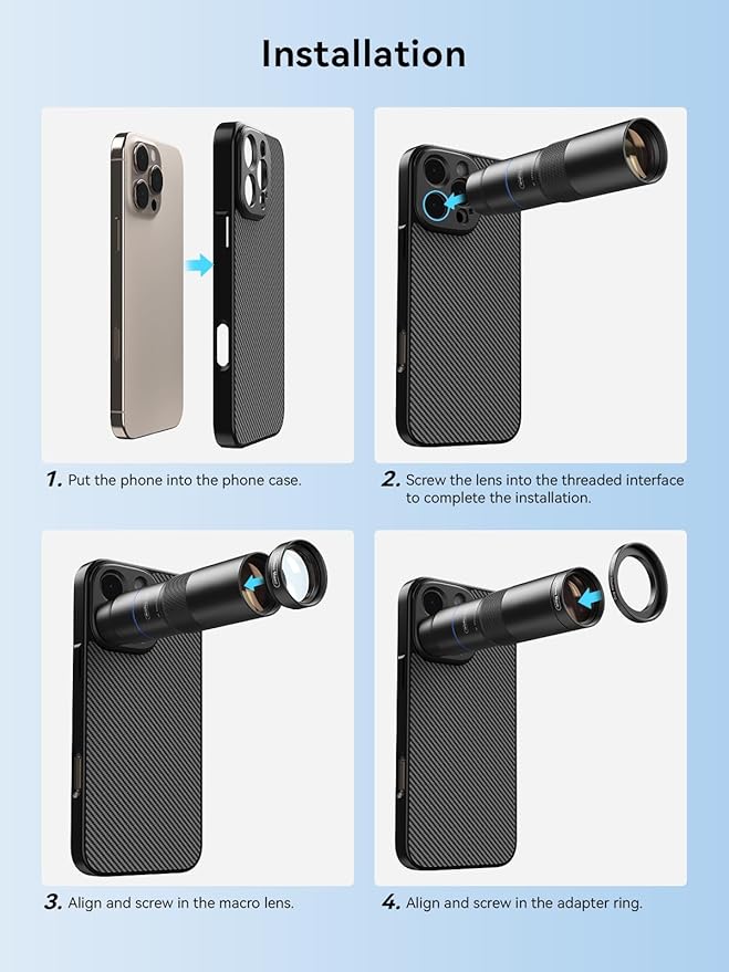 MIAO LAB HD 10X Telephoto Lens & 200mm Macro Lens, 2-in-1 Aluminum Phone Camera Lens Kit with 17mm Lens Thread Interface Mobile Phone case. Phone Lens Attachment Fit for iPhone 16 Pro Max